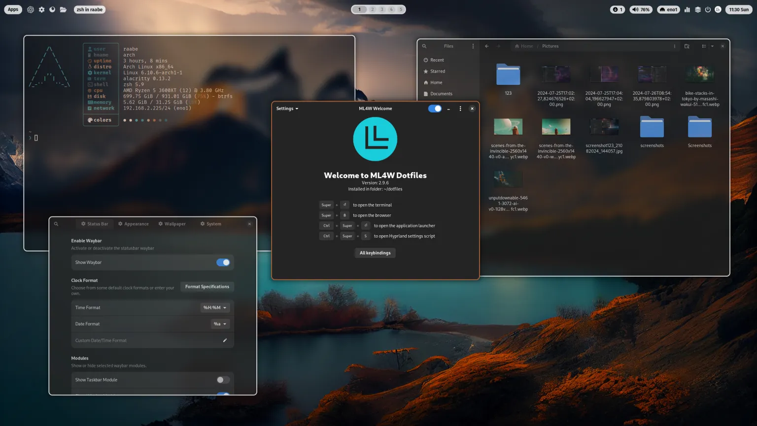 The ML4W desktop with a file explorer, terminal, and 2 configuration apps open