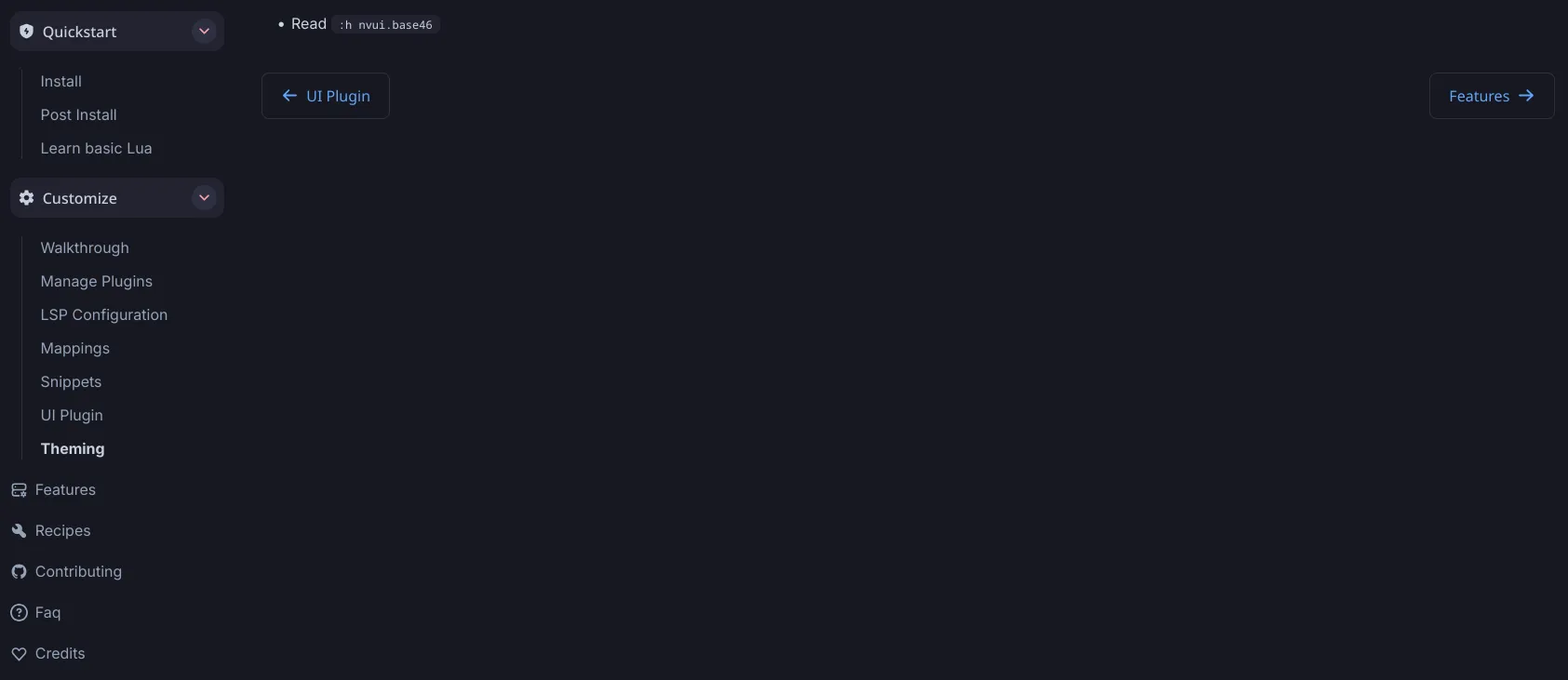 NVChad's docs page for base46 with a single bullet point reading "Read :h nvui.base46"