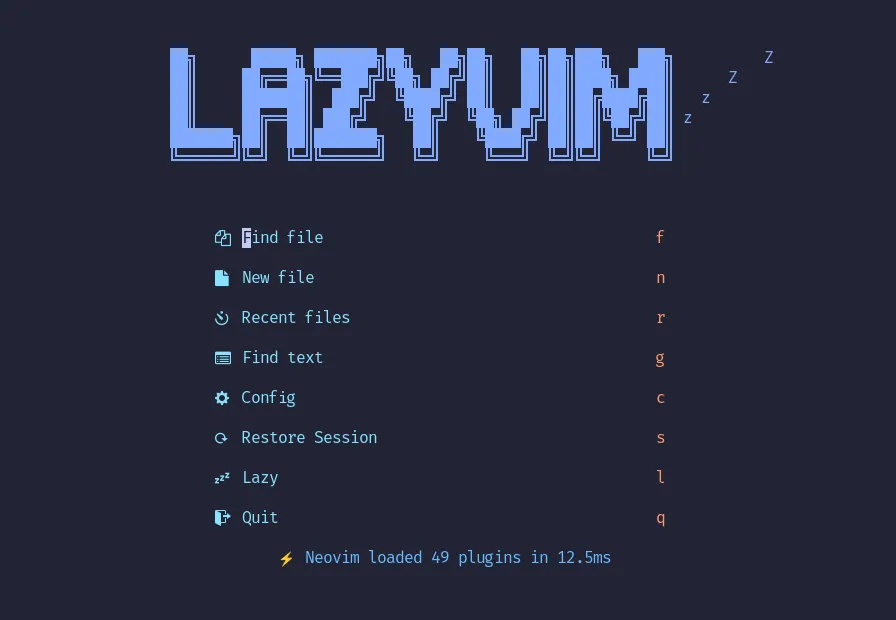 LazyVim's default start screen, showing a list of options with their respective keybind