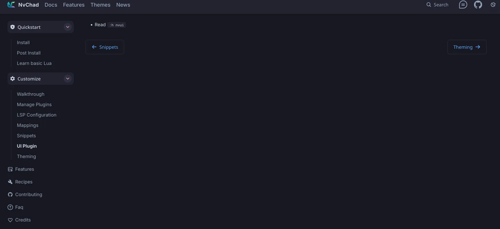 NVChad's docs page for NVUI with a single bullet point reading "Read :h nvui"